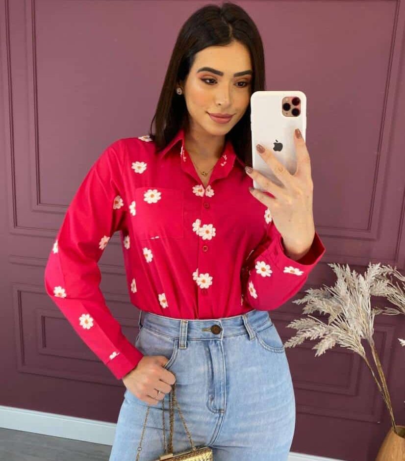 Camisa Feminina Social Pink com Bordado de Flor - Fernanda Ramos Store