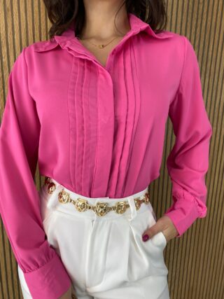 Camisa Feminina Manga em Longa com Detalhes Rosa Chiclete - Fernanda Ramos Store