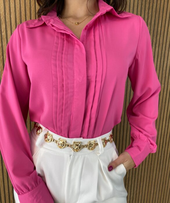 Camisa Feminina Manga em Longa com Detalhes Rosa Chiclete - Fernanda Ramos Store