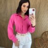 Camisa Feminina Manga em Longa com Detalhes Rosa Chiclete - Fernanda Ramos Store