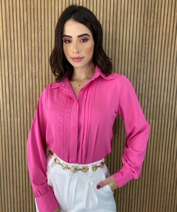 Camisa Feminina Manga em Longa com Detalhes Rosa Chiclete - Fernanda Ramos Store