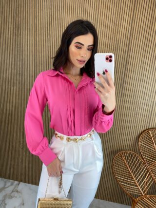 Camisa Feminina Manga em Longa com Detalhes Rosa Chiclete - Fernanda Ramos Store