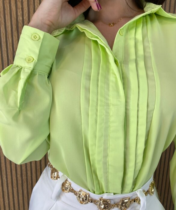 Camisa Feminina Manga em Longa com Detalhes Verde Lima - Fernanda Ramos Store