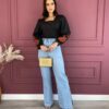 Blusa feminina preta com bordado na manga laranja Fernanda ramos store