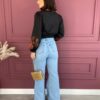 Blusa feminina preta com bordado na manga laranja Fernanda ramos store