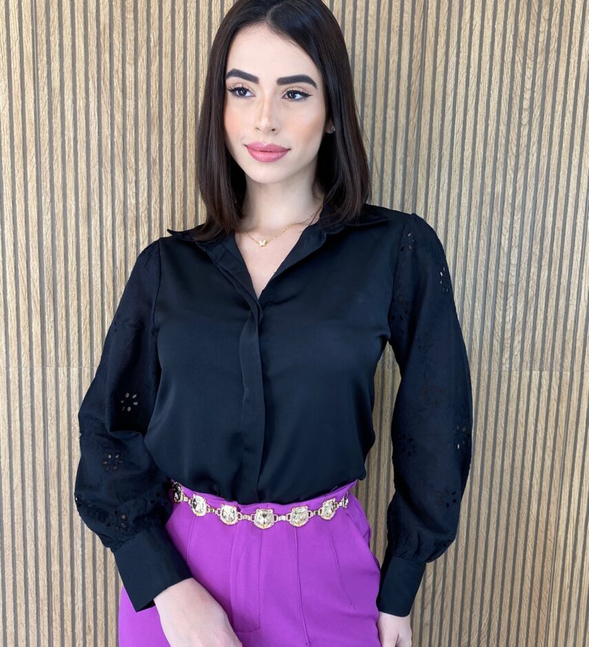 Camisa Feminina Tecido Seda Manga em Laise Preta - Fernanda Ramos Store