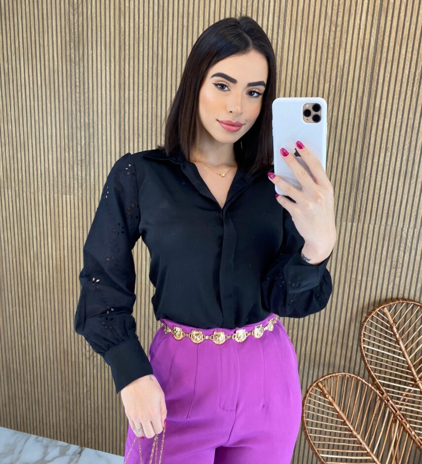 Camisa Feminina Tecido Seda Manga em Laise Preta - Fernanda Ramos Store