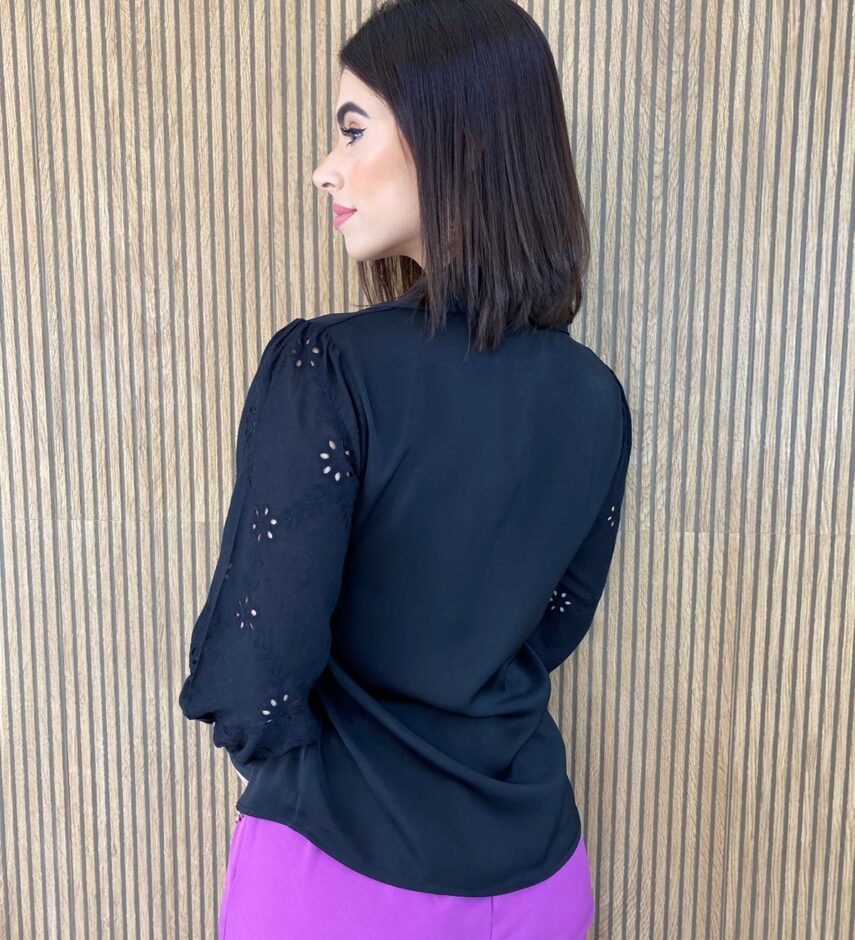 Camisa Feminina Tecido Seda Manga em Laise Preta - Fernanda Ramos Store