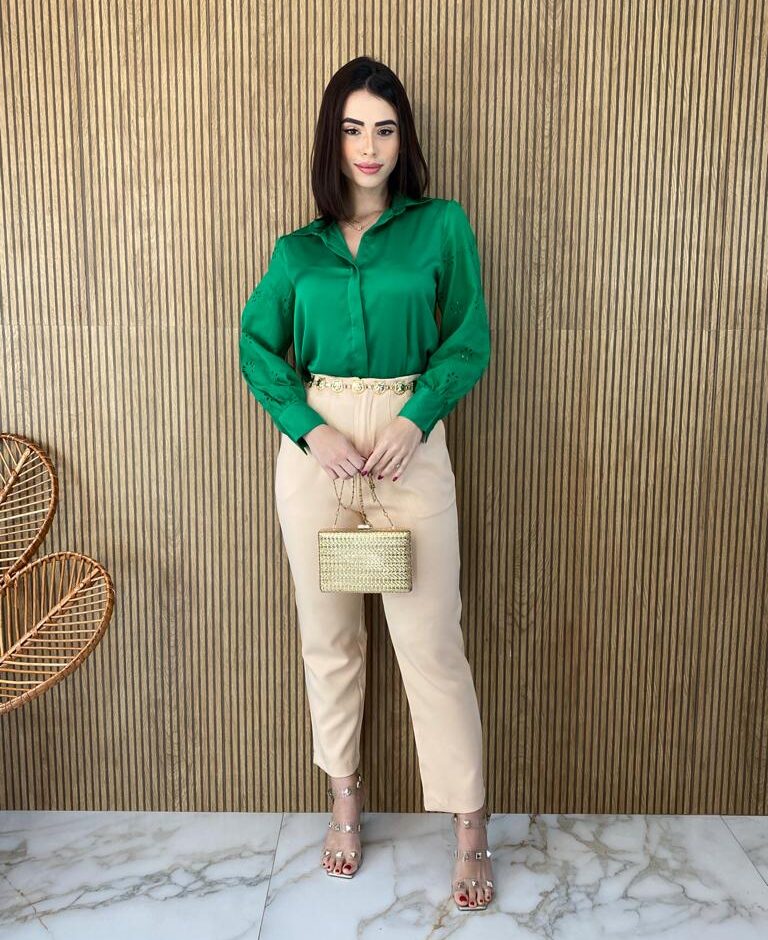 Camisa Feminina Tecido Seda Manga em Laise Verde - Fernanda Ramos Store