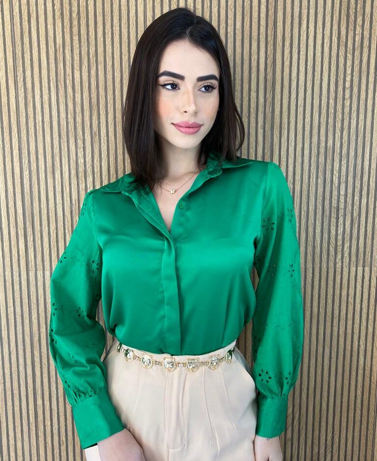 Camisa Feminina Tecido Seda Manga em Laise Verde - Fernanda Ramos Store
