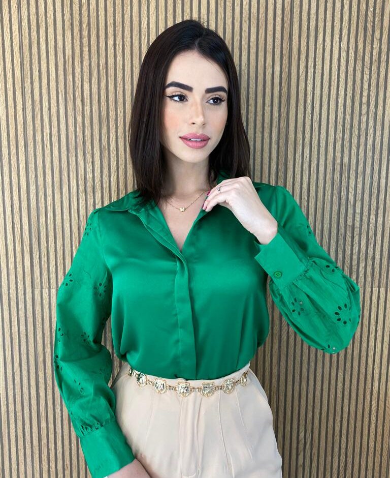 Camisa Feminina Tecido Seda Manga em Laise Verde - Fernanda Ramos Store