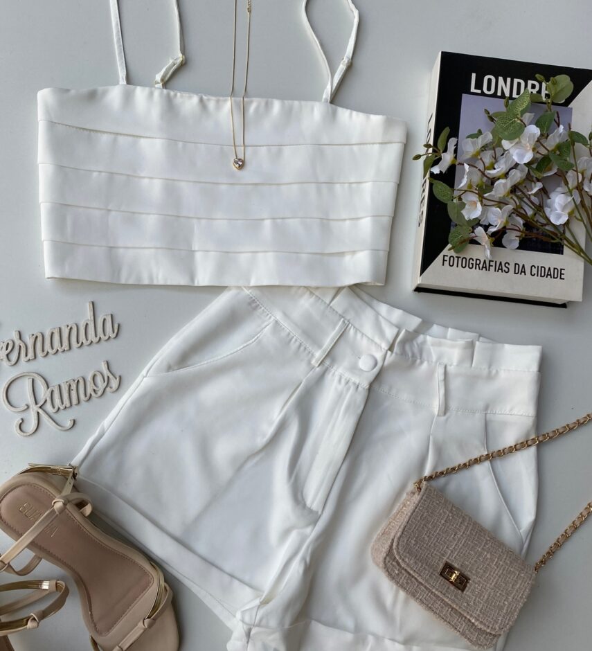 Conjunto Feminino Cropped sem Bojo Short com Pregas Branco - Fernanda Ramos Store