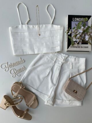 Conjunto Feminino Cropped sem Bojo Short com Pregas Laranja Fernanda Ramos Store