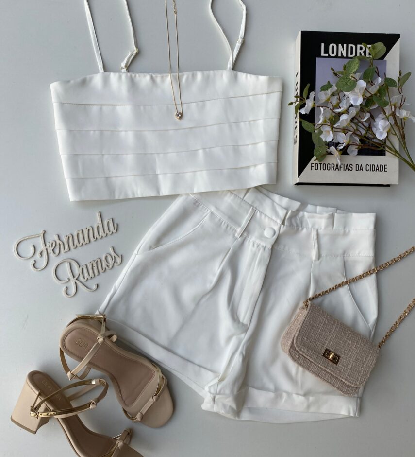 Conjunto Feminino Cropped sem Bojo Short com Pregas Branco - Fernanda Ramos Store
