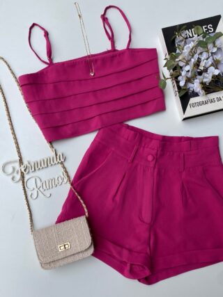 Conjunto Feminino Cropped sem Bojo Short com Pregas Fucsia Fernanda Ramos Store