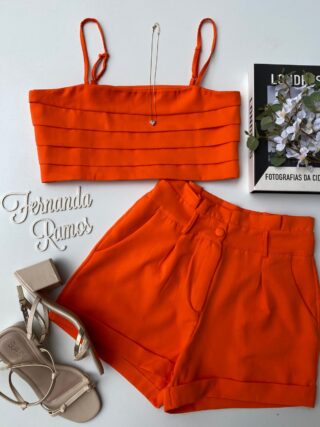 Conjunto Feminino Cropped sem Bojo Short com Pregas Laranja Fernanda Ramos Store