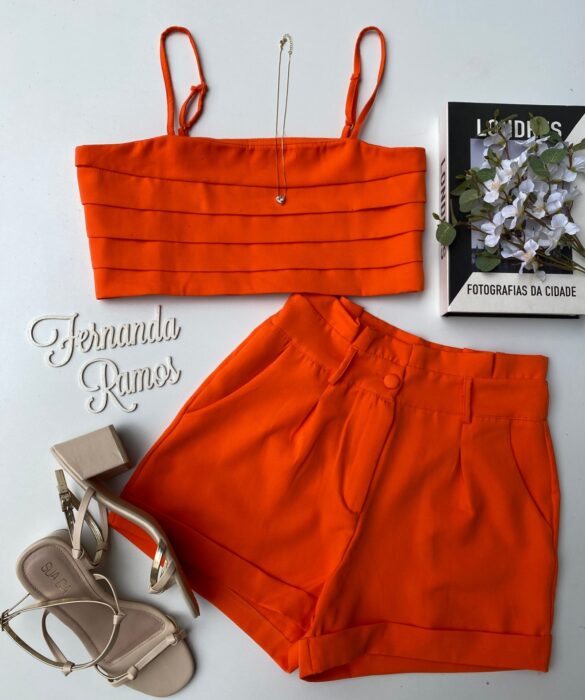 Conjunto Feminino Cropped sem Bojo Short com Pregas Laranja Fernanda Ramos Store