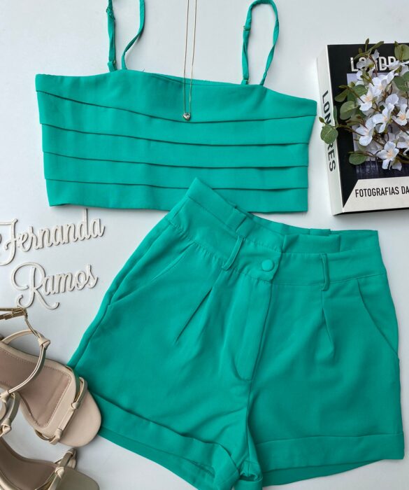 Conjunto Feminino Cropped sem Bojo Short com Pregas Verde Água - Fernanda Ramos Store