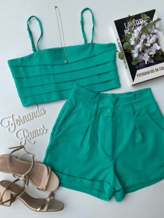 Conjunto Feminino Cropped sem Bojo Short com Pregas Verde Água - Fernanda Ramos Store