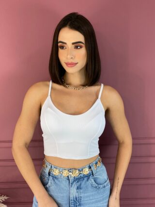 Cropped Feminino Alça Fina com Bojo Branco Fernanda Ramos Store