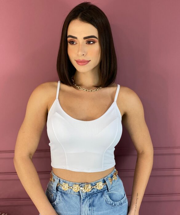 Cropped Feminino Alça Fina com Bojo Branco Fernanda Ramos Store