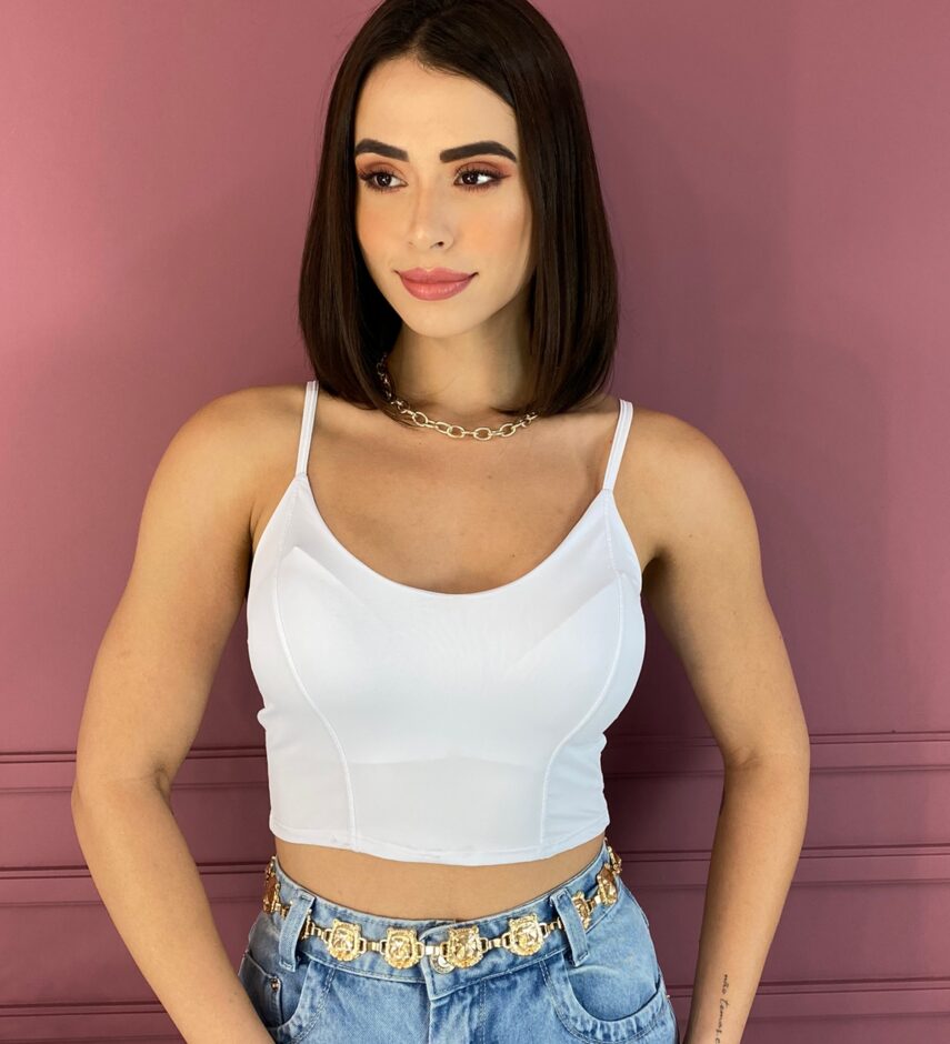 Cropped Feminino Alça Fina com Bojo Branco Fernanda Ramos Store