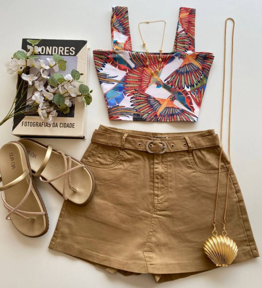 Cropped Feminino Alça Grossa Estampa Araras Fernanda Ramos Store