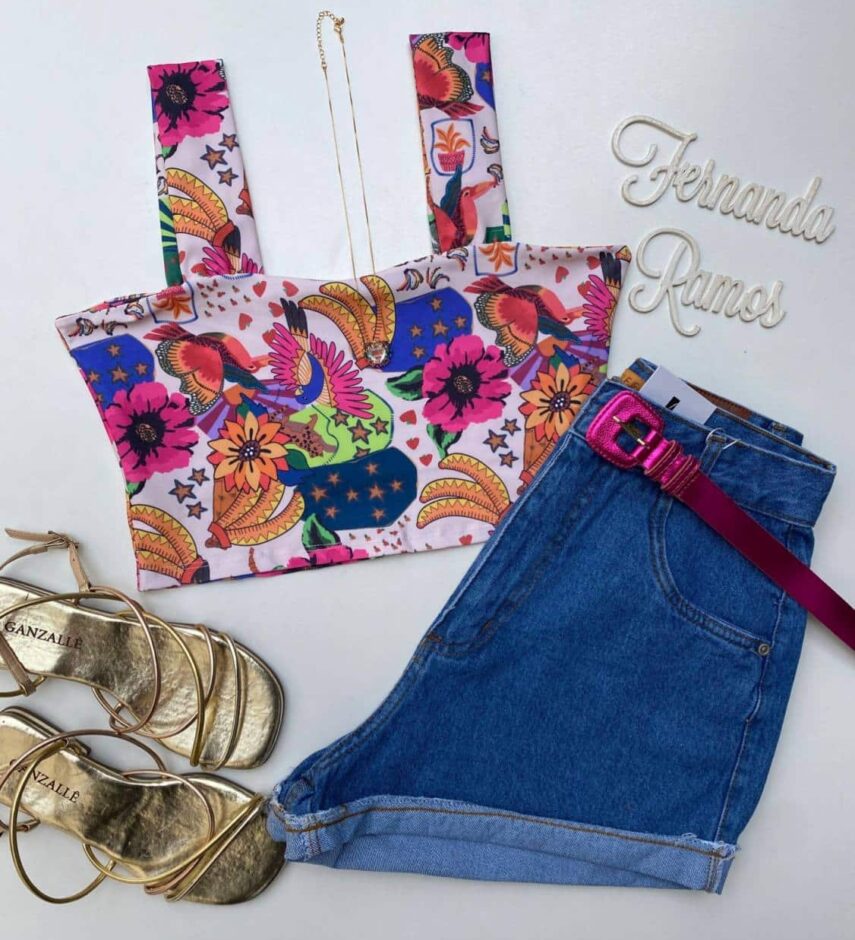 Cropped Feminino Alça Grossa Estampa Tropical Fernanda Ramos Store
