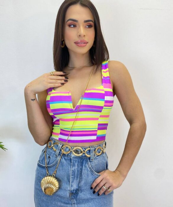 Cropped Feminino com Bojo Alça Fina Estampa em Listras - Fernanda Ramos Store