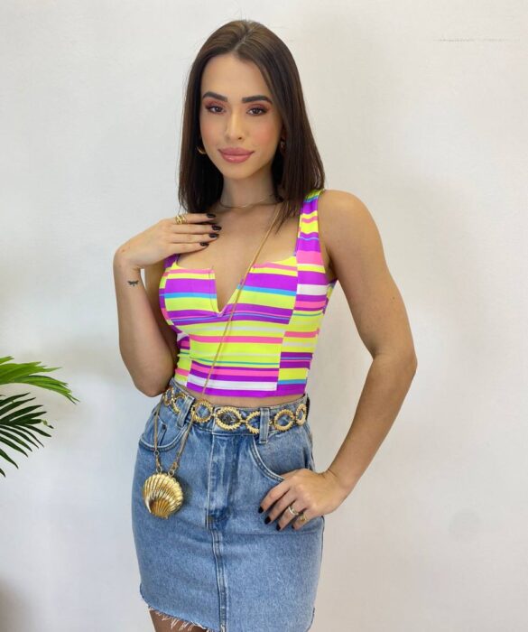 Cropped Feminino com Bojo Alça Fina Estampa em Listras - Fernanda Ramos Store