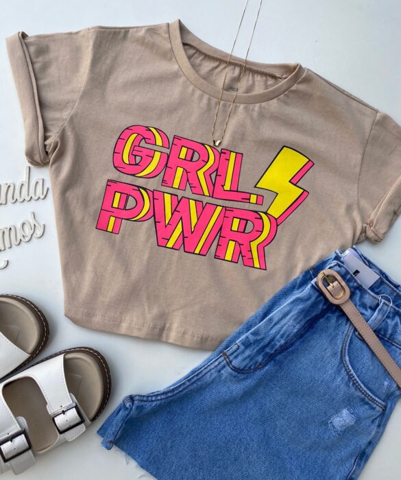 Cropped Feminino Manga Curta Bege Grl Pwr - Fernanda Ramos Store