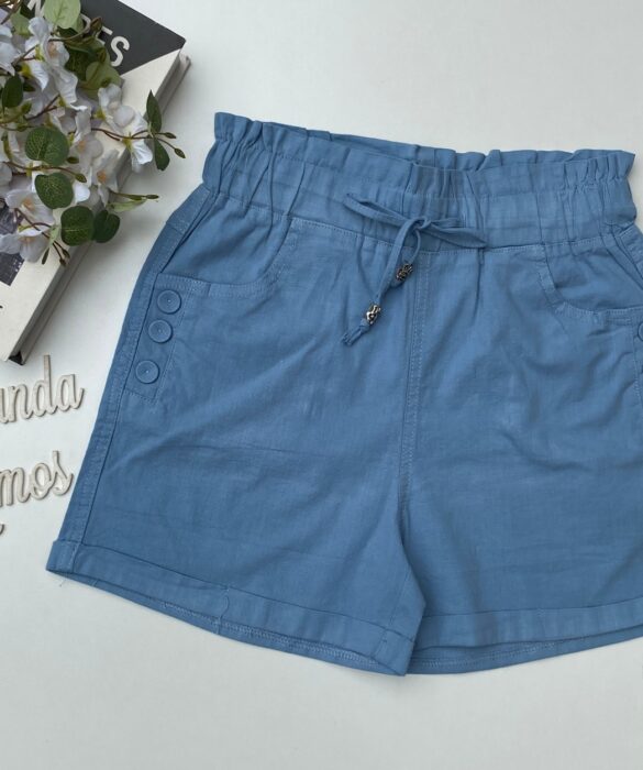 short feminino com elástico na cintura e amarração e botões azul Fernanda ramos store