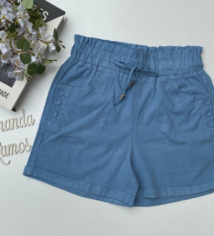 short feminino com elástico na cintura e amarração e botões azul Fernanda ramos store