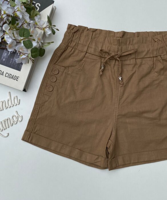 Short Feminino com Elástico na Cintura e Amarração e Botões Caqui fernanda ramos store