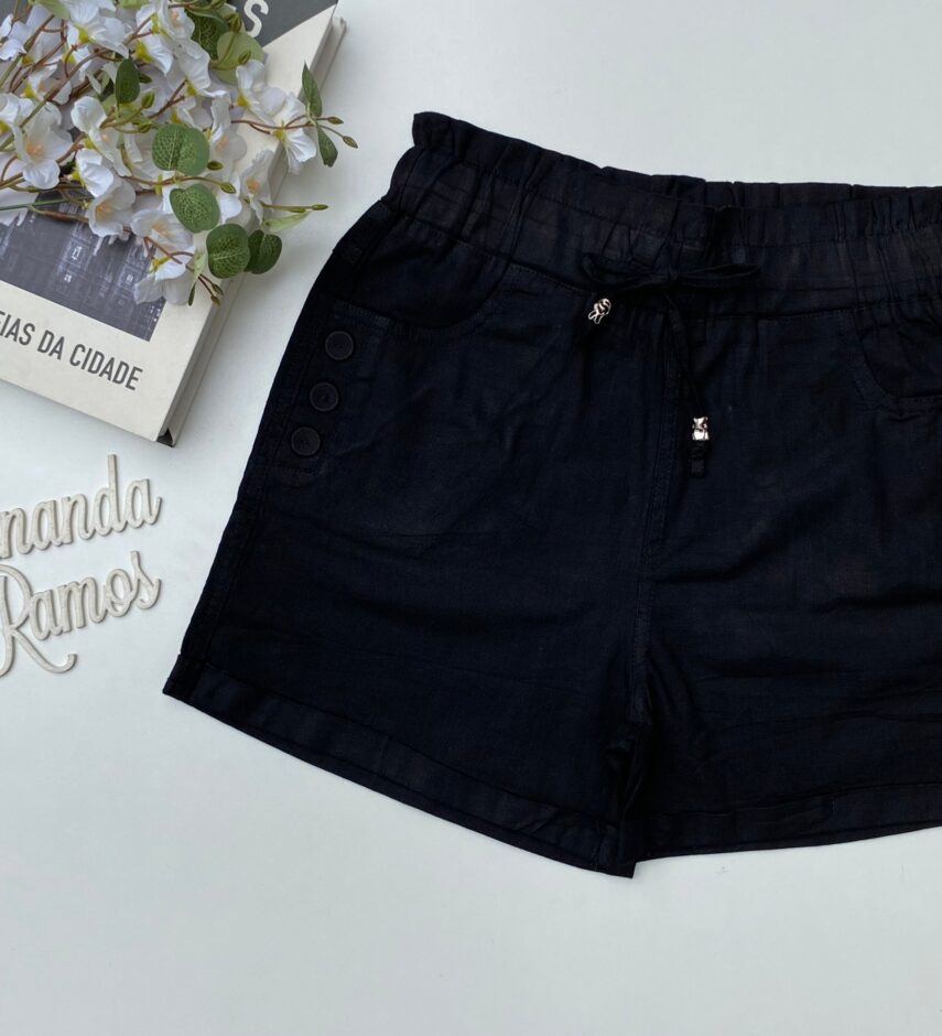 Short Feminino com Elástico na Cintura e Amarração e Botões Preto Fernanda ramos store