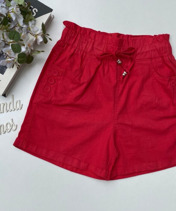 Short Feminino com Elástico na Cintura e Amarração e Botões Vermelho - Fernanda Ramos Store