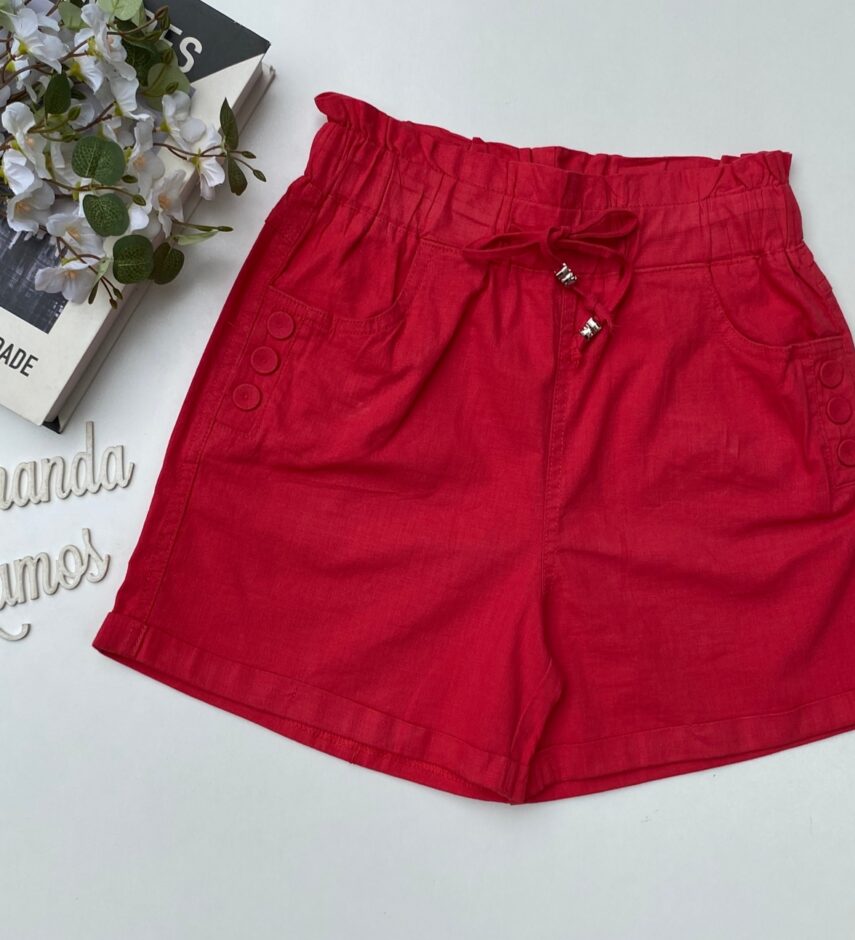 Short Feminino com Elástico na Cintura e Amarração e Botões Vermelho - Fernanda Ramos Store