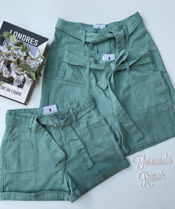 Short Jeans Feminino com Amarração Verde Oliva 51132 Fernanda Ramos Store