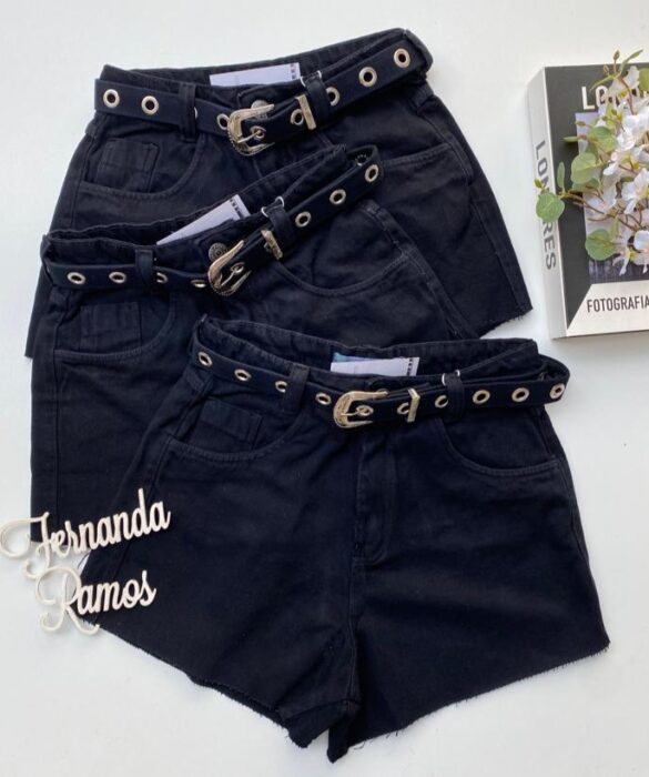 Short Jeans Feminino com Cinto Metal Preto 0178 Fernanda Ramos Store