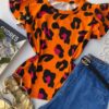 T-shirt Manga Babado Fundo Coral Estampa Animal Print - Fernanda Ramos Store