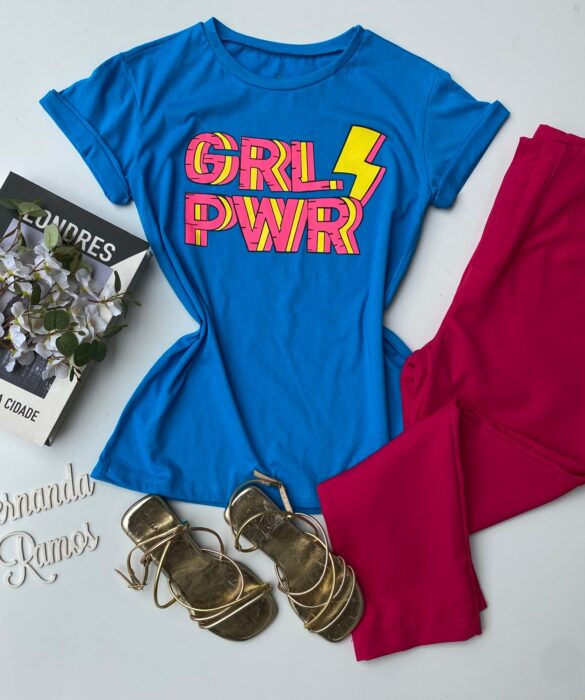 T-shirt Manga Curta Azul Estampa Grl Pwr fernanda ramos store