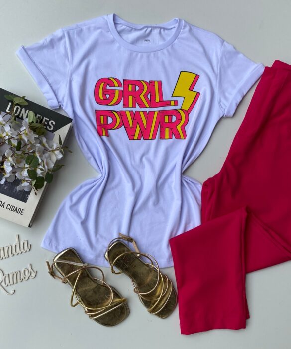 t shirt manga curta branca estampa grl pwr fernanda ramos store