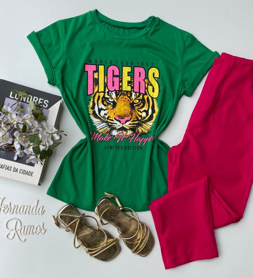 t shirt manga curta verde estampa tigre fernanda ramos store