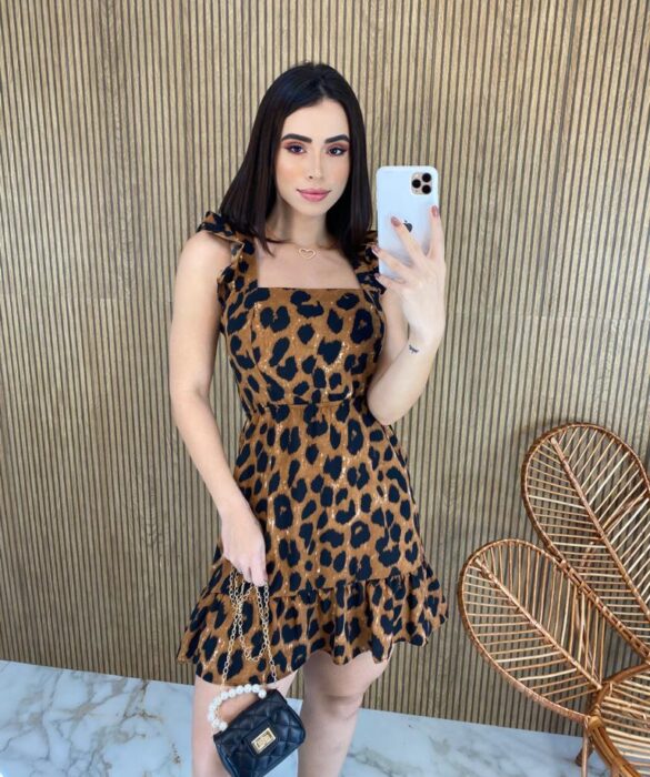 Vestido Curto com Bojo Alça com Babado Animal Print fernanda ramos store