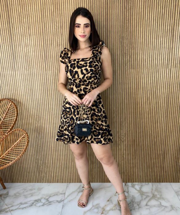 Vestido Curto com Bojo Alça com Babado Animal Print Claro Fernanda ramos store