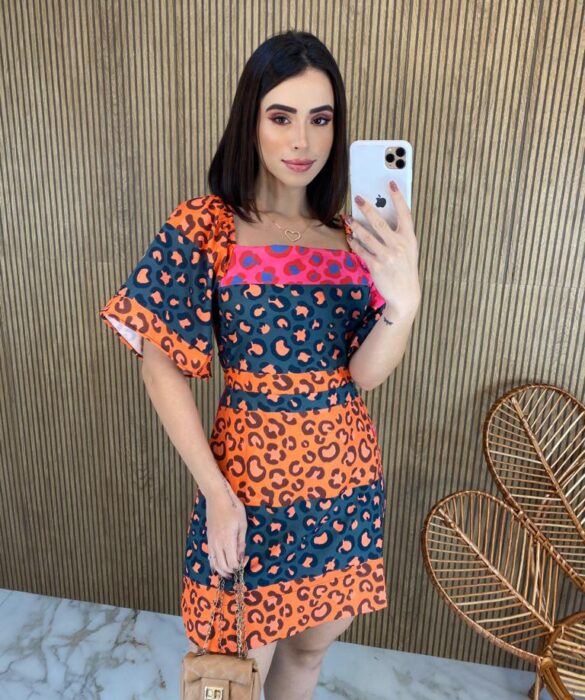 Vestido Curto sem Bojo Amarração Atrás Animal Print Estampado fernanda ramos store