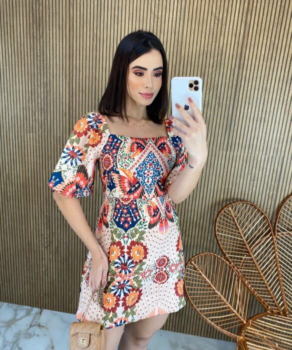 Vestido Curto sem Bojo Amarração Atrás Estampa Flor fernanda ramos store