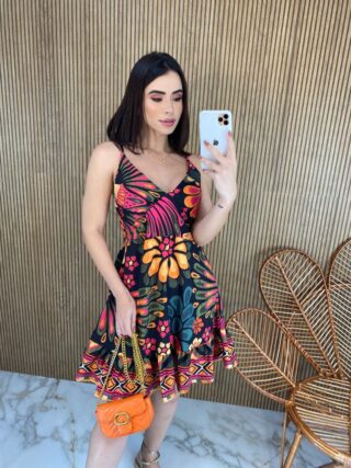 Vestido Curto sem Bojo Alça Regulável Estampado Fundo Preto - Fernanda Ramos Store