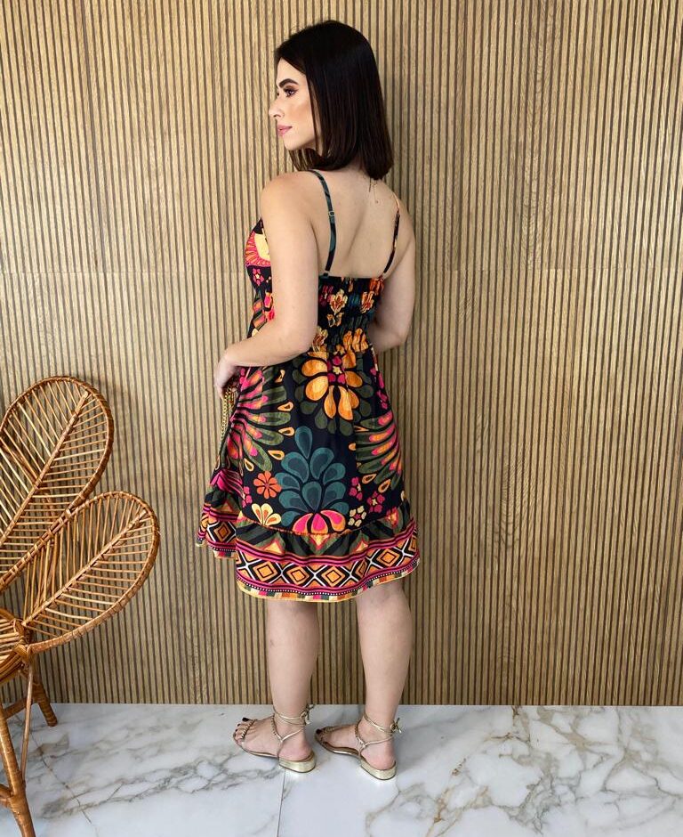 Vestido Curto sem Bojo Alça Regulável Estampado Fundo Preto - Fernanda Ramos Store