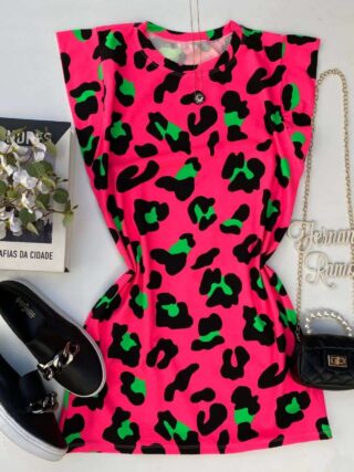 Vestido Feminino Fundo Pink Estampa Animal Print - Fernanda Ramos Store